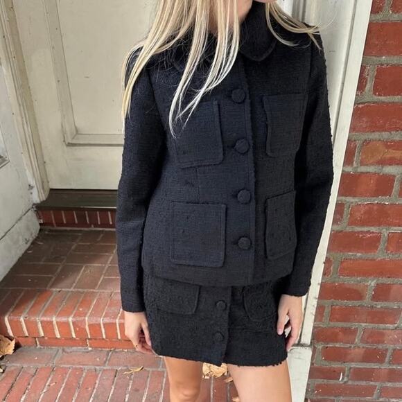 Doen Elina Tweed Boucle Button Pocket High Waist A Line Mini Skirt Black - Picture 8 of 15